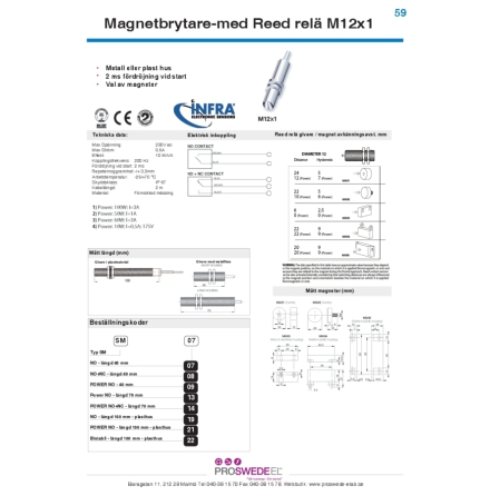 Magnetbrytare M12, 100 mm, 3A, NO, 2m kabel